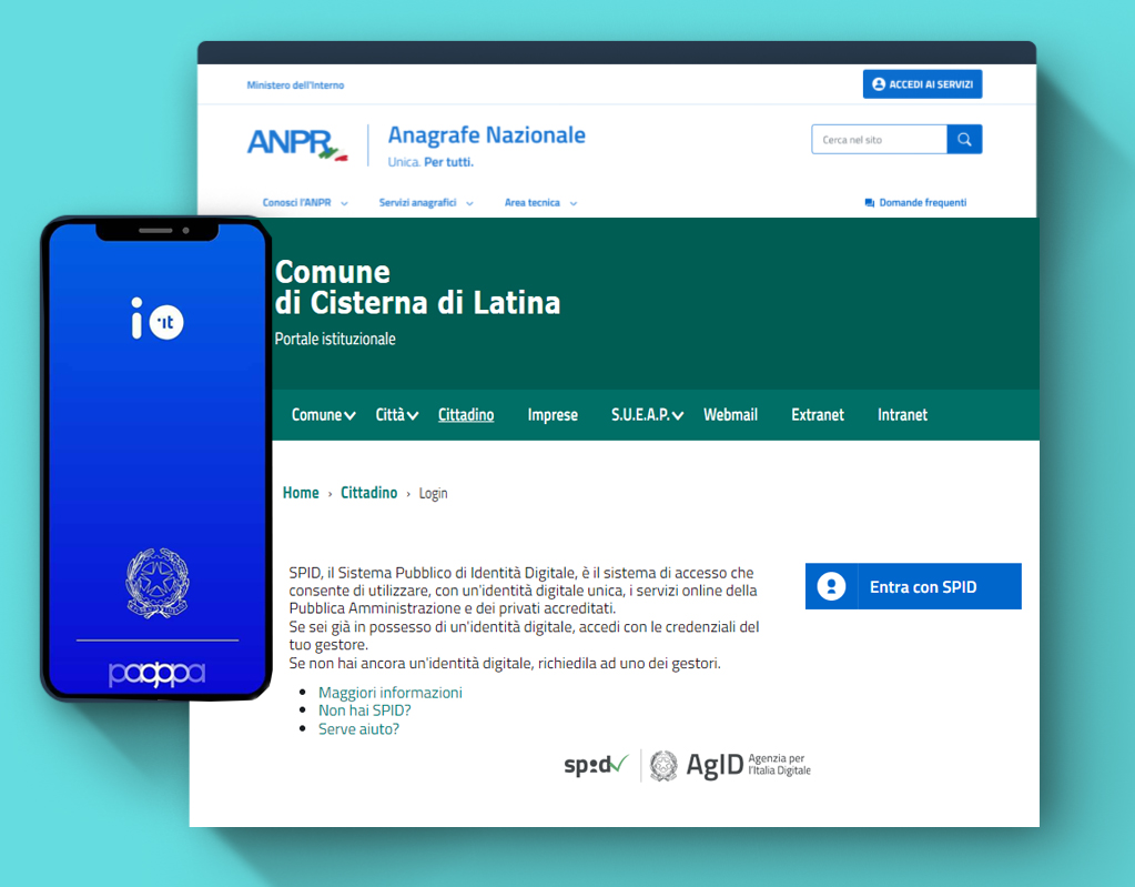 Screenshot sito internet SPID + smartphone con app IO