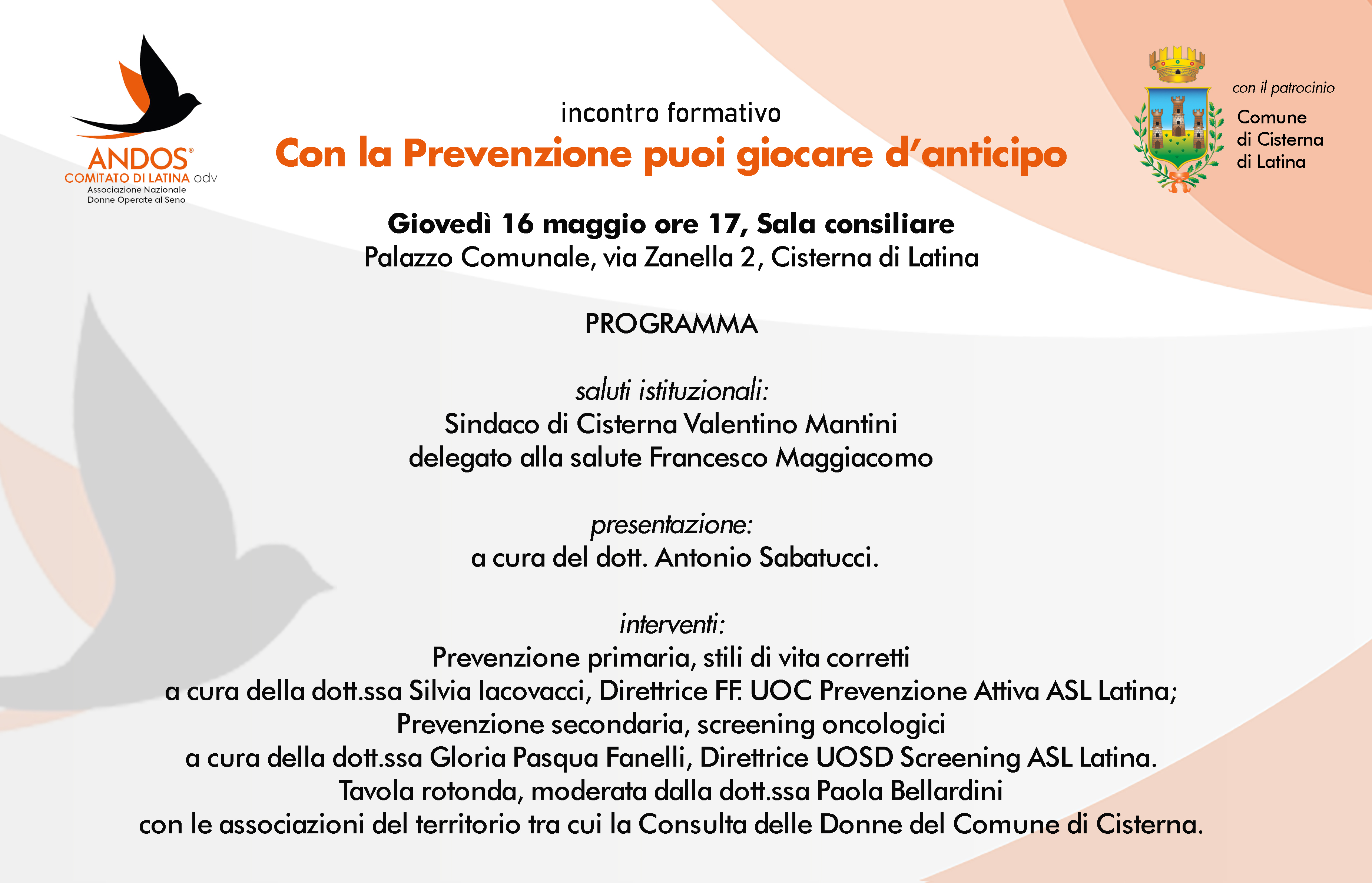 ANDOS - programma incontro su prevenzione a Cisterna il 16 maggio 24