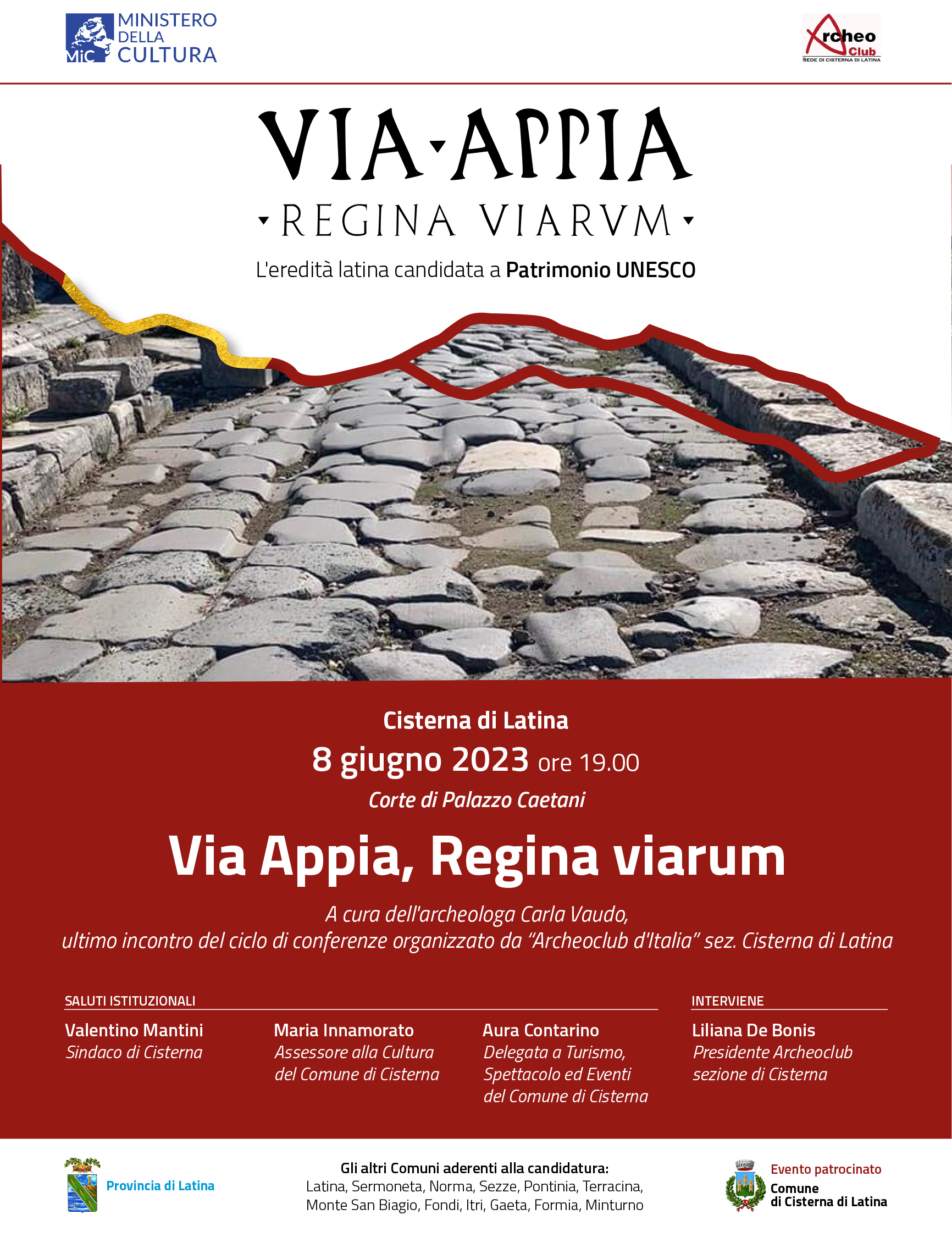 Locandina incontro Archeoclub su Appia Regina Viarum - 8 giugno 2023