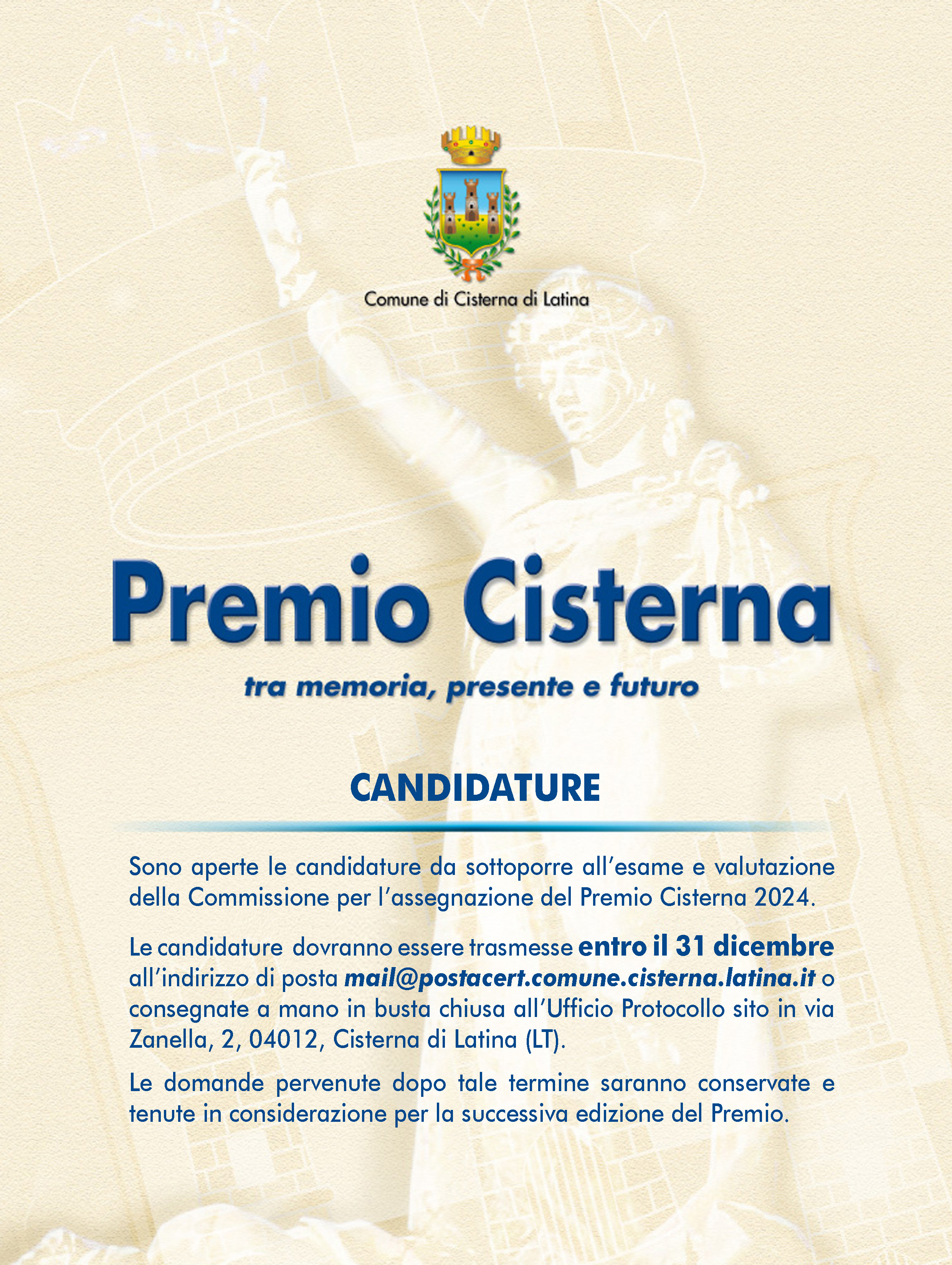 Locandina avviso candidature Premio Cisterna