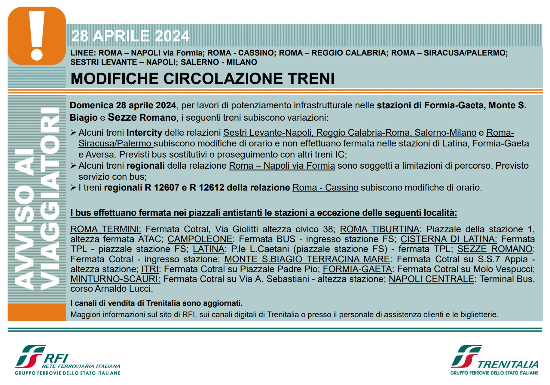 Avviso Interruzione Ferroviaria 28 aprile 2024