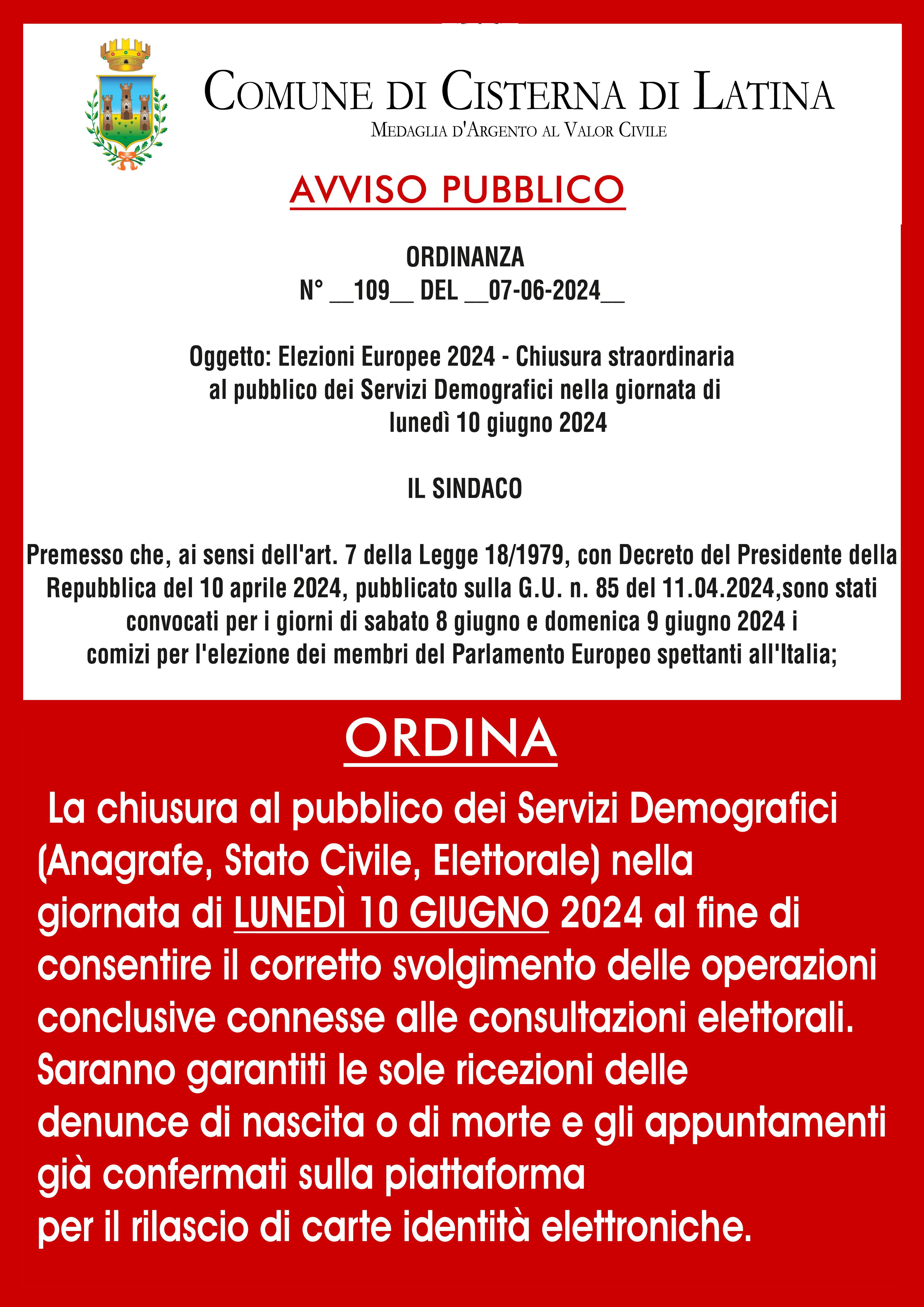 Avviso chiusura straordinaria Uffici Demografici per operazioni di scrutinio elettorale