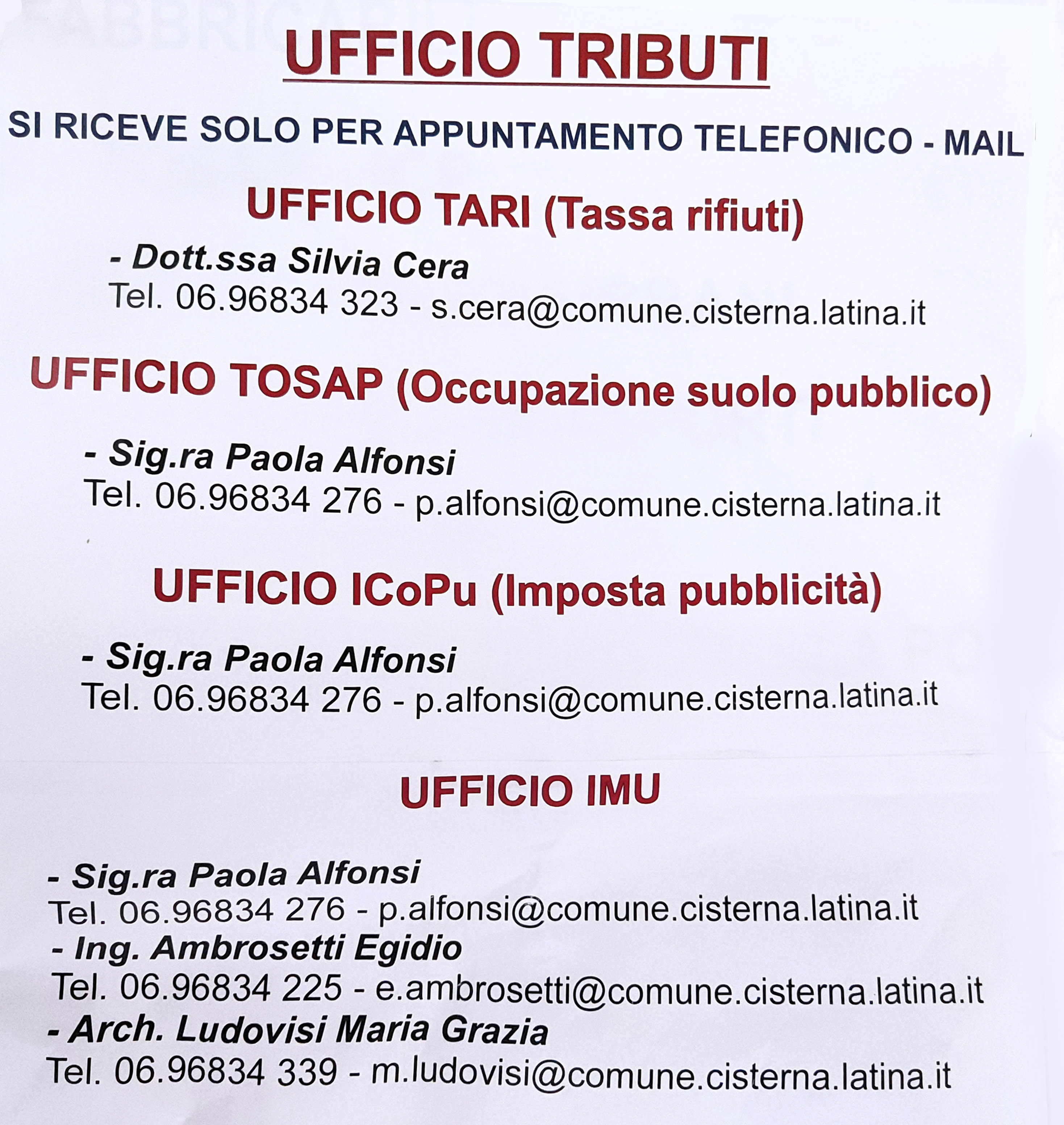 cartello orari ufficio tributi