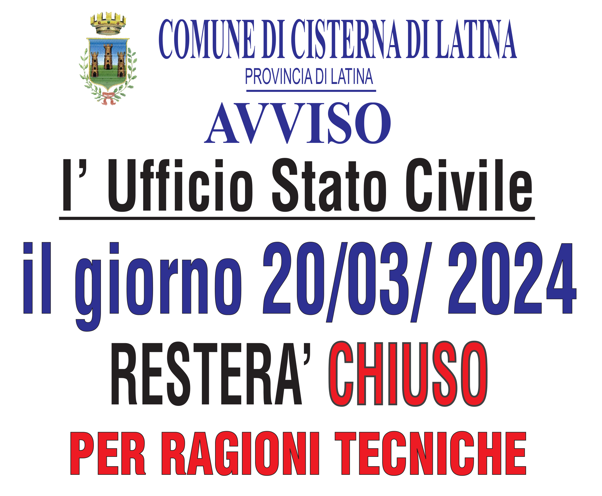 Locandina avviso chiusura temporanea sportello di Stato Civile