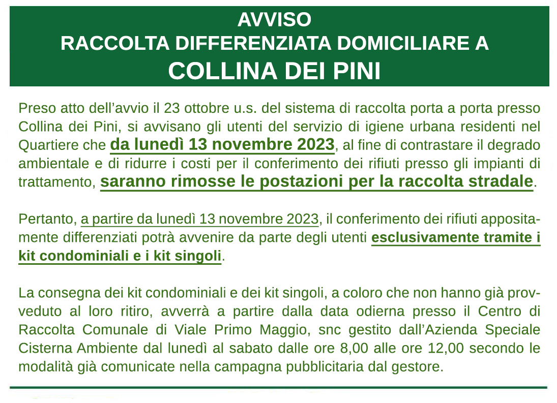 Differenziata - avviso rimozione cassonetti Collina dei Pini